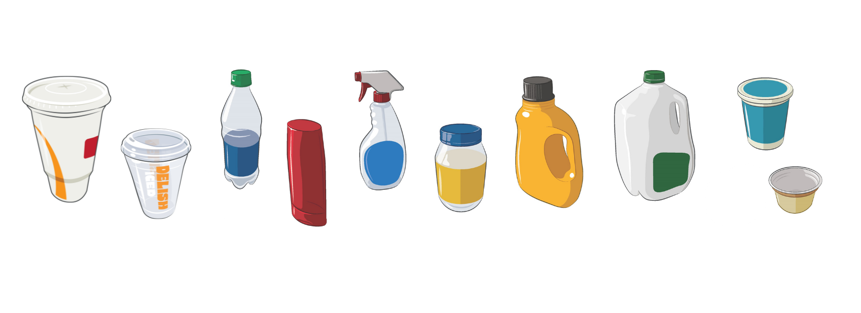 Illustrations of recyclable plastic items
