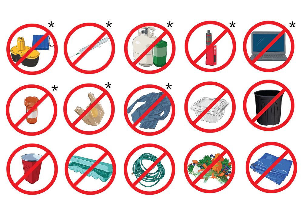 Illustrations of items not accepted for recycling